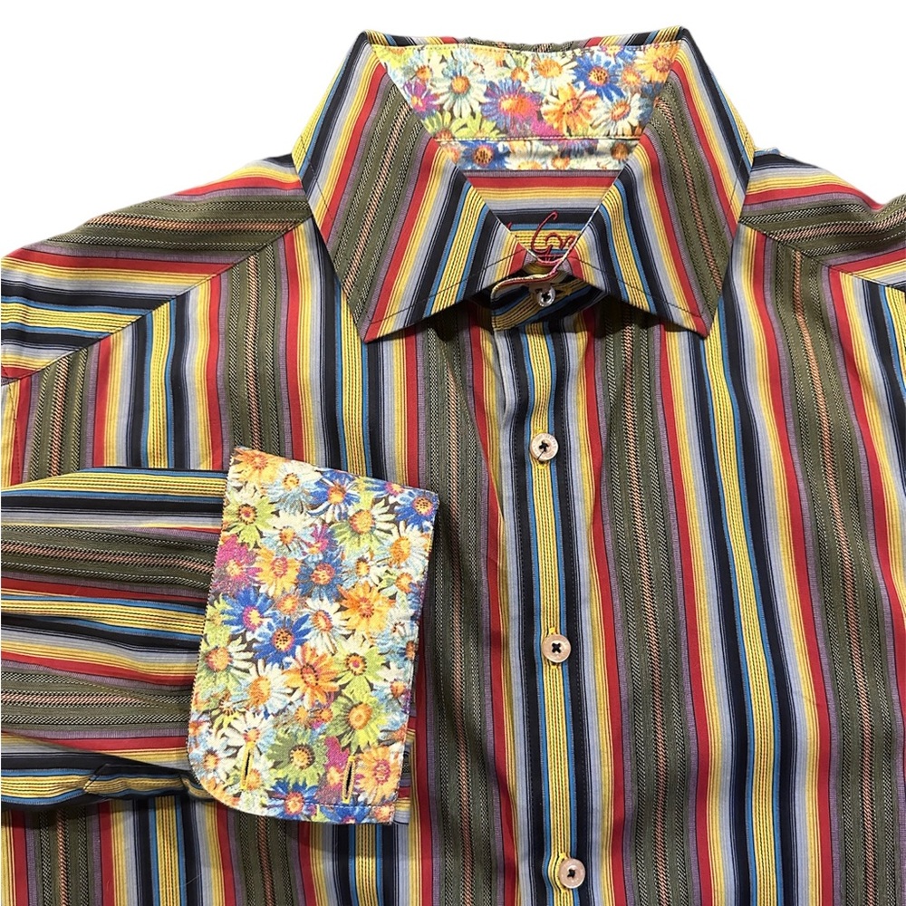 Robert Graham Men’s Dress Shirt - Olive Blue Yellow Orange Red Flip Cuff Large L